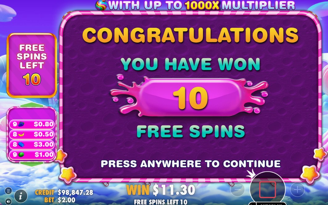 Ten free spins open after four swirl lollipops land